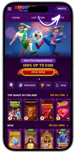 Duospin Login success page and player profile navigation