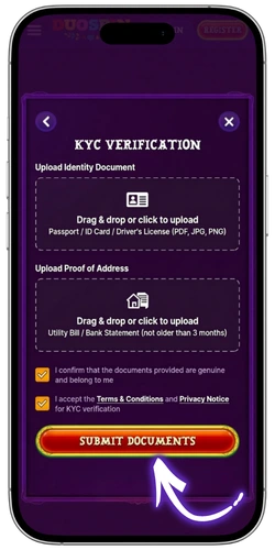 Duospin Games account verification uploading KYC identity documents