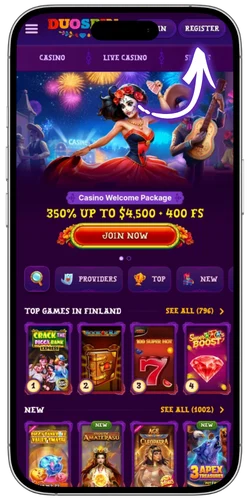 Duospin Casino Sign In and registration button on the main page
