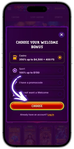 Duospin Bonus welcome package selection during account setup